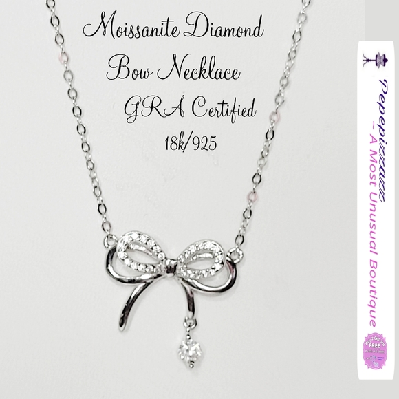 💎CERTIFIED MOISSONITE Diamond Inlay Bow Necklace 18kg/925 sterling silver GRA - Picture 1 of 16